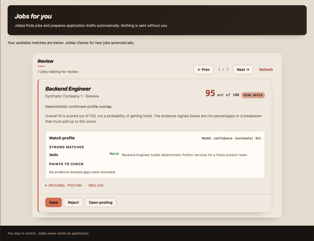 Jobba web app job review, with synthetic demonstration jobs